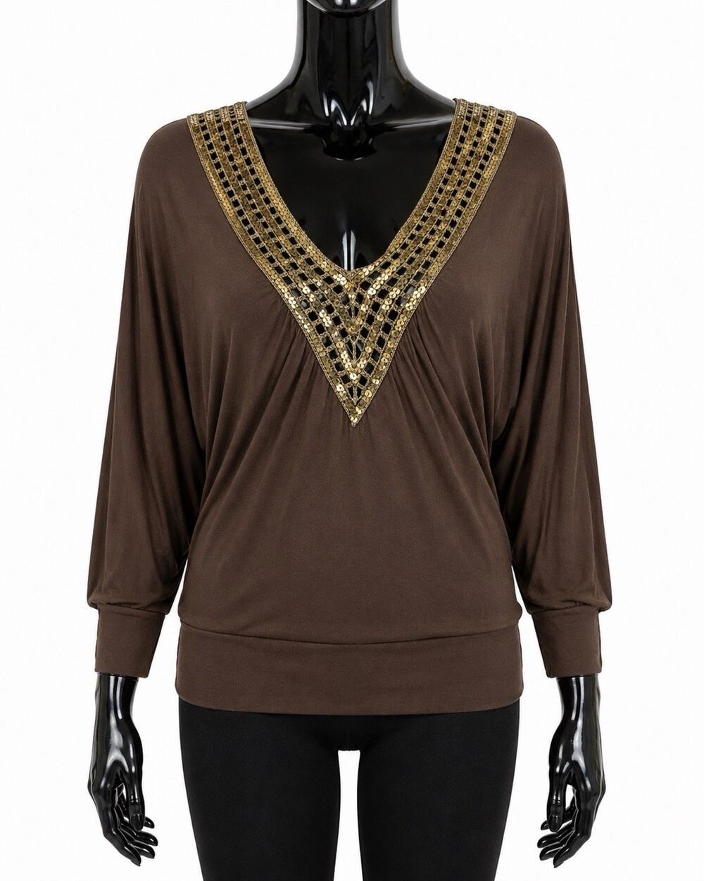 OVI Unique Brown Gold Sequin V-Neck Dolman Sleeve Top Rayon USA Women’s M